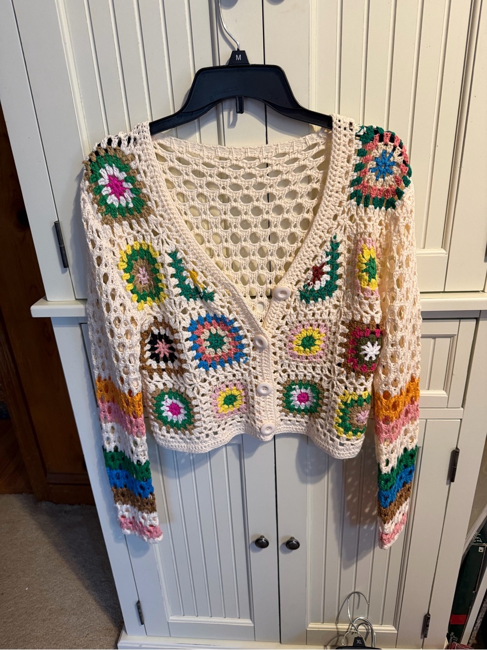 SHEIN Cream Crochet V-Neck Cardigan with Multicolor Granny Squares